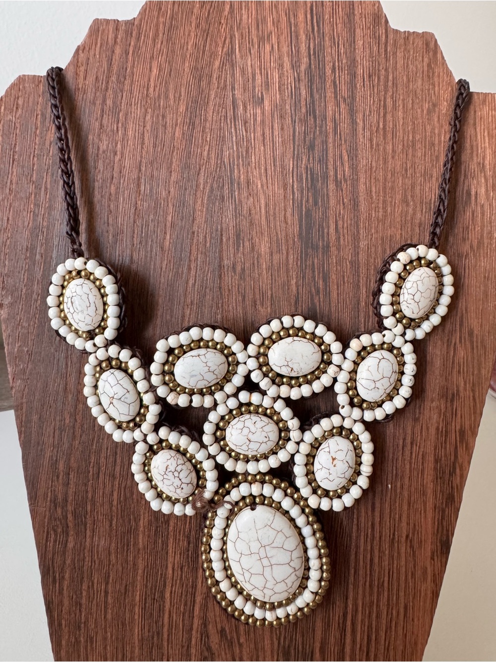 Boho Howlite Beaded Bib Style Statement Necklace on Cord